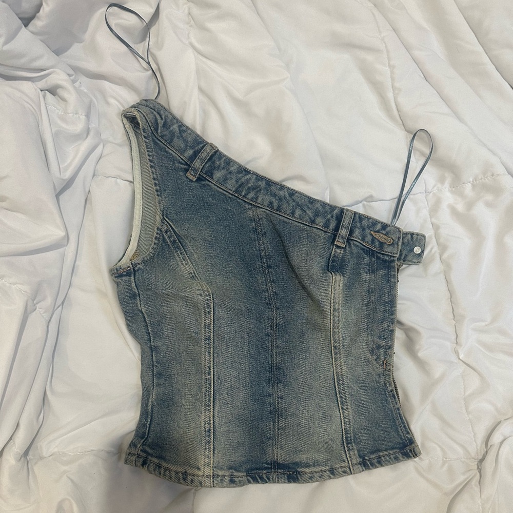 denim one shoulder asymmetrical top